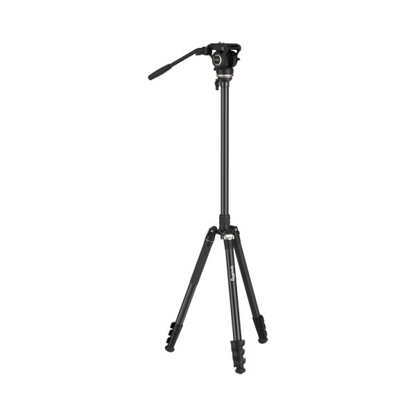 SmallRig 4475 Video Tripod Kit CT210 on musta kolmijalka, jossa on pidennetty keskipylväs, säädettävät jalat ja panoraamakahva, kuvassa pystyssä valkoisella taustalla.