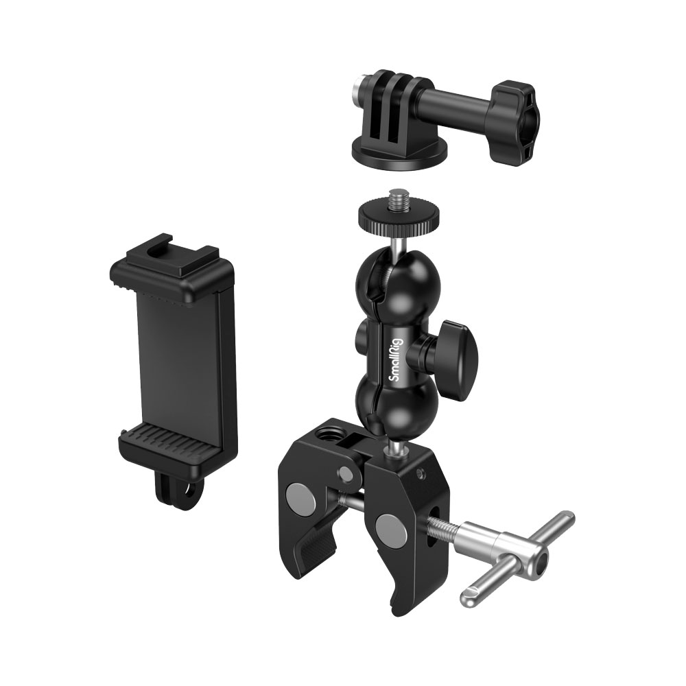SmallRig 4373 Crab-Shaped Super Clamp Kit with Ballhead & Magic Arm kuvassa erillään valkoisella pohjalla. Sisältää säädettävän varren, puhelimen pidikkeen ja GoPro-tyylisen kiinnikkeen. Metallisessa kiinnittimessä on kiristyskahva turvallista kiinnitystä varten.