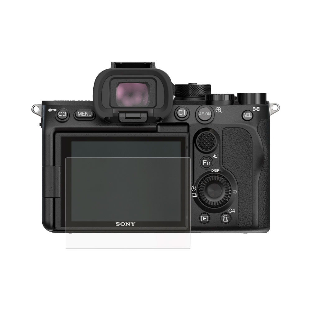 Mustan Sony-kameran takanäkymä, jossa on LCD-näyttö, etsin ja ohjauspainikkeet, kuten MENU, Fn ja C4. Näyttö on suojattu SmallRig 3191 Screen Protector for Sony A7/A9/RX100/ZV1 -suojalla.