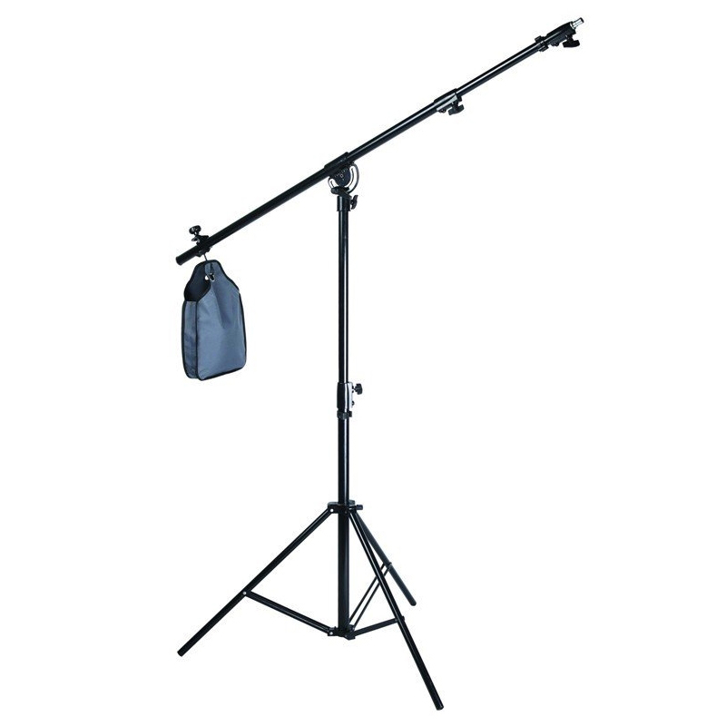 The Godox LB02 is a black photographic tripod with an adjustable horizontal arm, a tripod with three legs and a grey counterweight bag attached to one end.