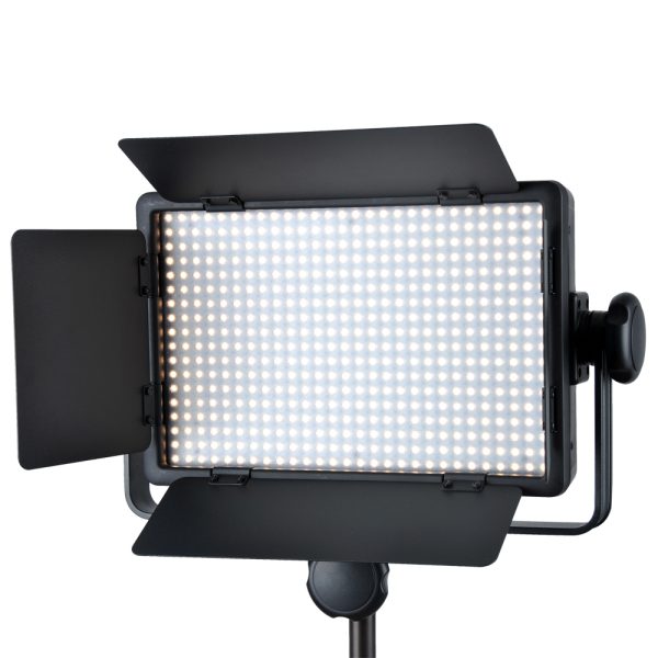 The Godox LED 500W Daylight with Barndoor is a rectangular studio light with hundreds of small white LED lights, black barn doors on the sides and a tripod mount, ideal for professional photography and video production.
