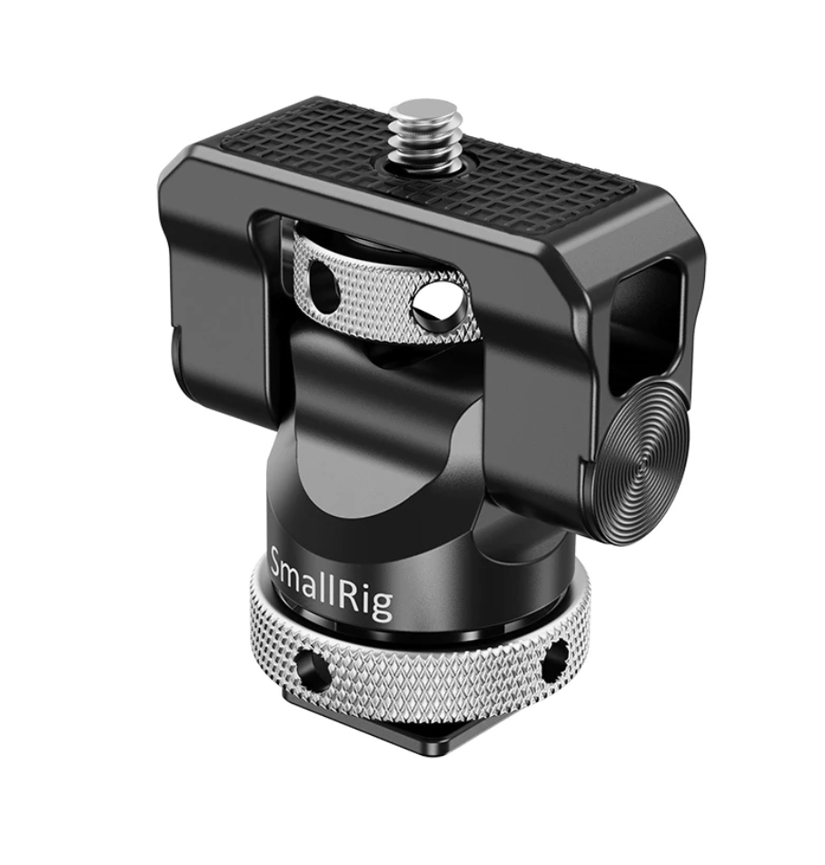 SmallRig 2346 Swivel & Tilt Mount with Cold Shoe on metallinen kameran lisävaruste, jossa on kiinnitysruuvi, nystyröityjä reunoja pitoa varten ja kompakti, säädettävä muotoilu kameroiden tai lisävarusteiden kiinnittämiseen rigiin tai jalustaan.