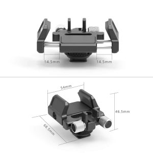 SmallRig 2343 Universal Holder for External SSD on esitetty kahdessa näkymässä: yläosassa on 14,5 mm leveät paikat, kun taas sivussa on 54 mm:n pituus, 46,5 mm:n korkeus ja 68,5 mm:n leveys säätönupilla.