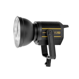 The Godox VL150 Trio Kit LED light features a black and yellow design, a large reflector and an adjustable mounting bracket against a white background.