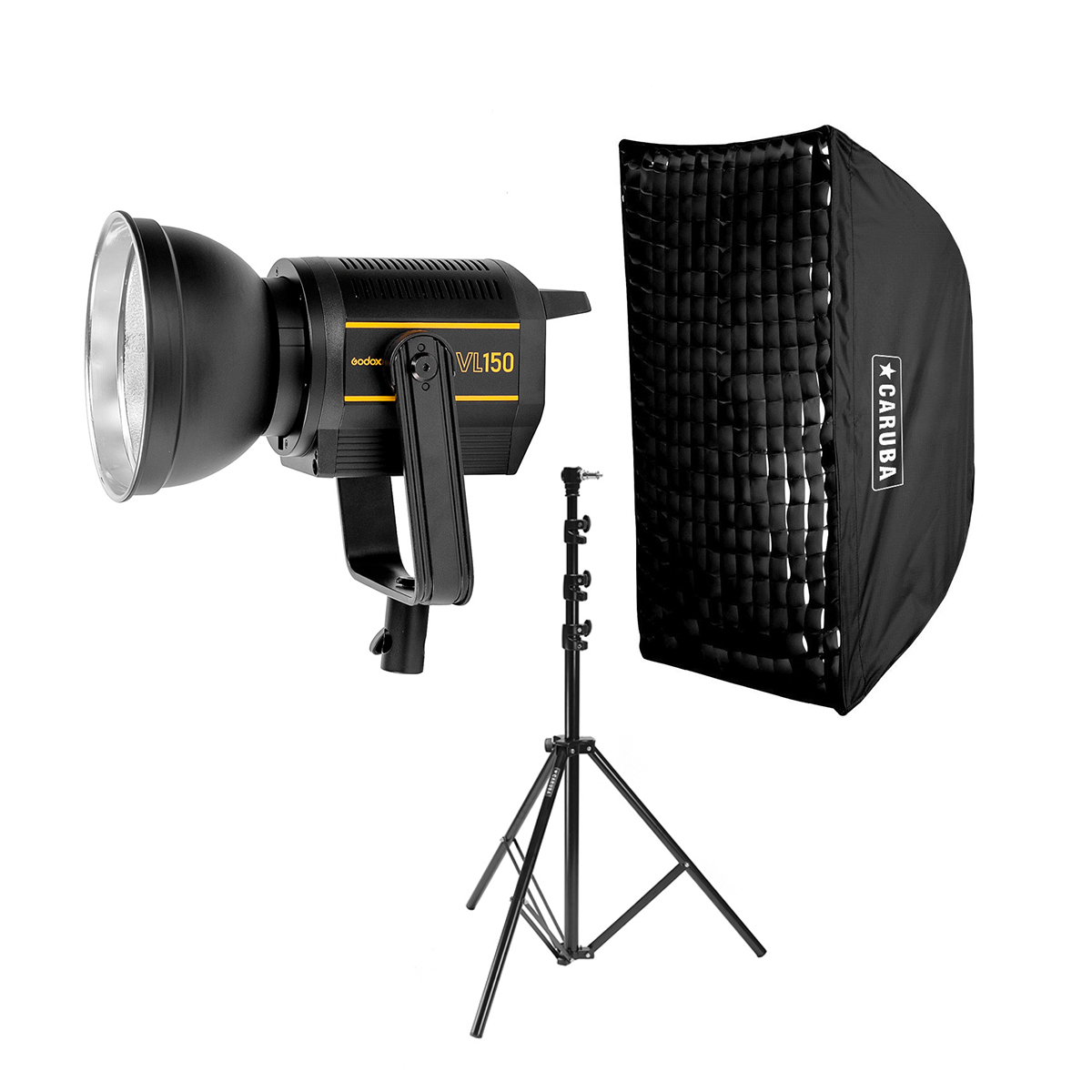 The Godox VL150 Trio Kit LED light includes a black VL150 LED light, a foldable tripod stand and a rectangular ARUBA softbox with grid - ideal for professional photography.