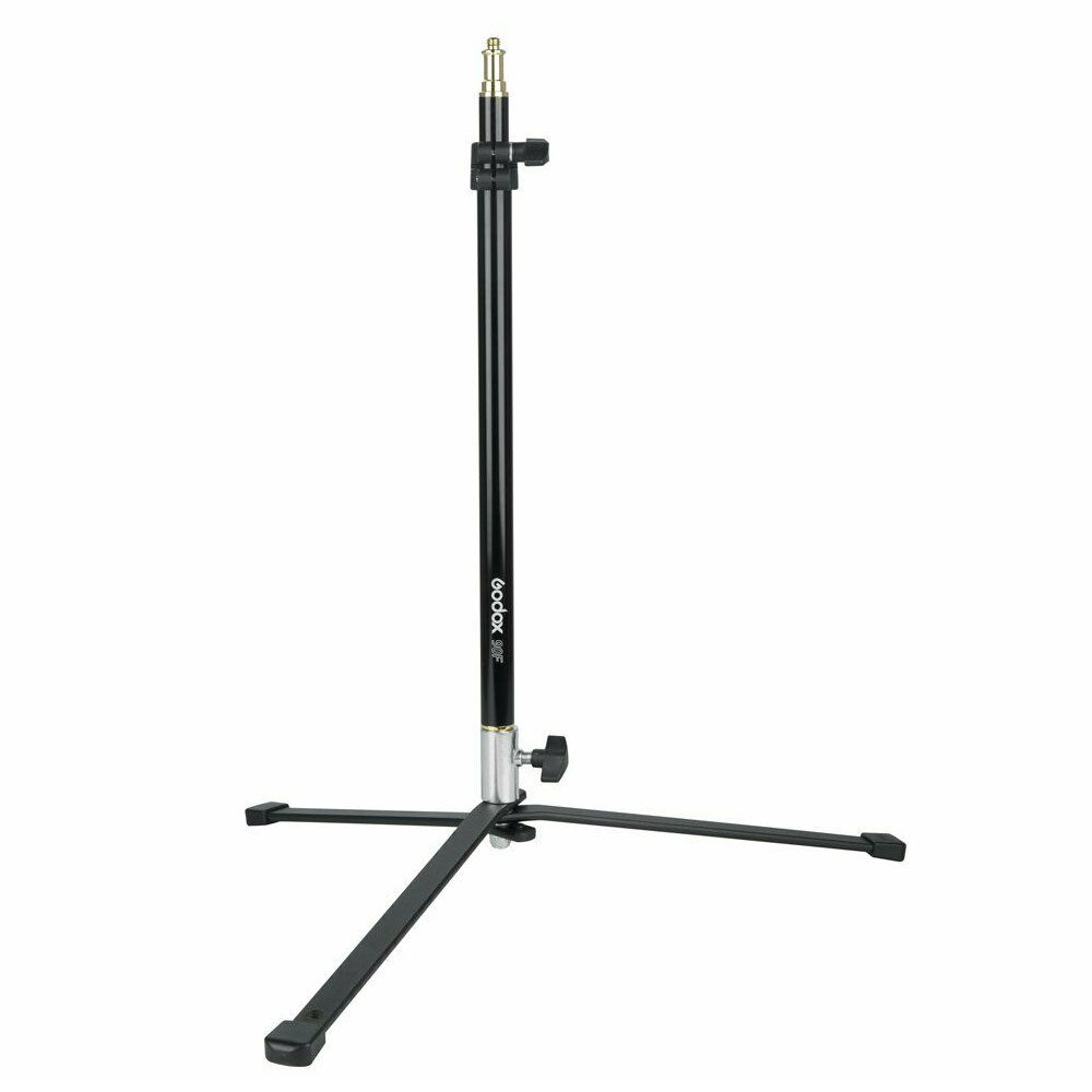 The Godox 90F foldable floor lamp with removable base features a black and silver design, adjustable height, extended legs and top fixing screw, shown against a white background.