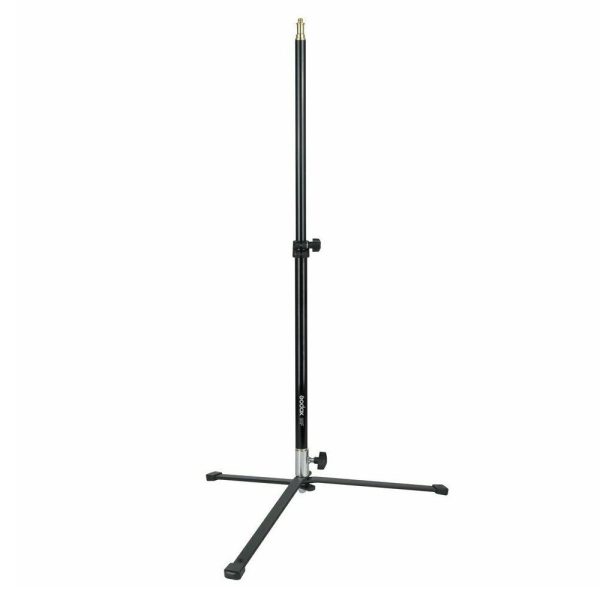 1586866038_278 The Godox 90F Foldable Floor Light Stand with Removable Base is a black metal stand with three foldable legs and an adjustable centre pole, ideal for supporting lighting equipment in photography or videography.