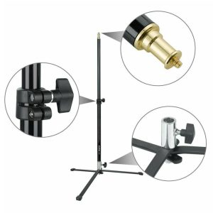 1586866041_379 The Godox 90F folding floor lamp with removable base features a black adjustable tripod, detailed close-ups of its tension knob, joint and gold-coloured screw fastener at the top.