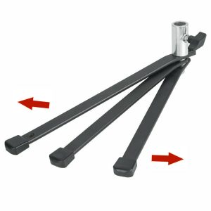 1586866042_121 The Godox 90F Foldable Floor Light Stand features a metal tripod stand with three black legs and a removable stand. Red arrows indicate how the legs can be adjusted for positioning or storage.