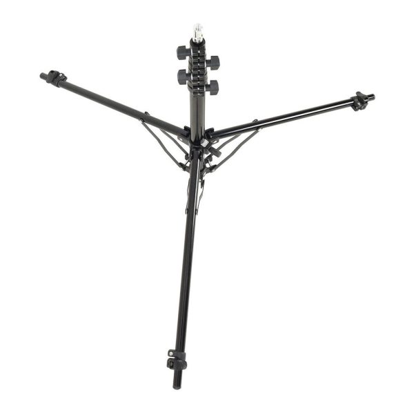 1591864596_553 Godox 190F Compact Adjustable Leg Light Stand -valaisinjalustan kolme mustaa jalkaa on ylhäältä päin katsottuna täysin ulospäin ojennettuna ja keskimmäinen napa on pystyssä, ja sen akselin varrella on säätönupit.