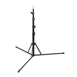 The Godox 210F Reversible Leg Light Stand is a black, adjustable tripod stand with three long, flared legs and a gold mounting point, ideal for supporting studio lights or photographic equipment.