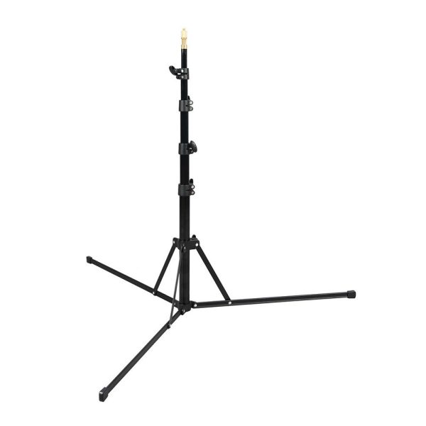 The Godox 210F Reversible Leg Light Stand is a black, adjustable tripod stand with three long, flared legs and a gold mounting point, ideal for supporting studio lights or photographic equipment.
