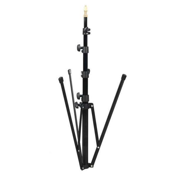 The Godox 210F Reversible Leg Light Stand is a black, adjustable tripod tripod stand with three folding legs and multiple locking knobs, shown in white.
