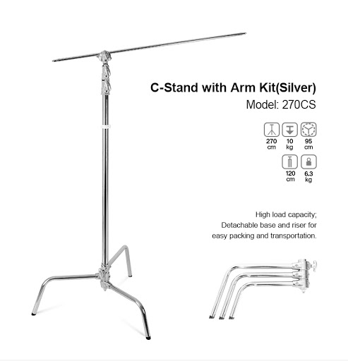 The Godox 270CS C-Stand with Arm & Grip Head (270cm) has a removable stand and riser, can support a weight of 10 kg, includes a 95 cm arm, weighs 6.3 kg and is pictured unassembled.