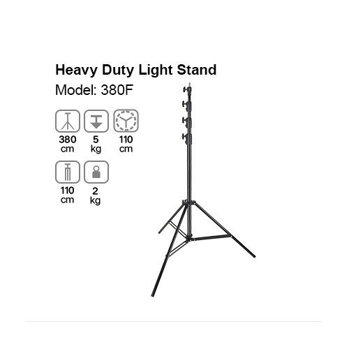 Product image of the Godox 380F Heavy Duty light stand with a maximum height of 380 cm, a load capacity of 5 kg, a minimum height and length of 110 cm when folded and a weight of 2 kg. The technical specifications are marked on the base.