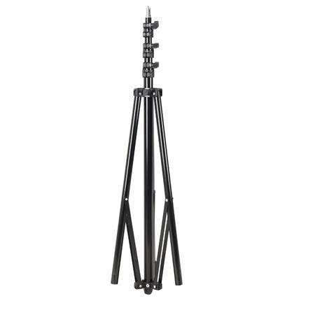 1596807104_260 Godox 300F Light Stand on musta, säädettävä kolmella pidennetyllä jalalla ja useilla lukittavilla osilla varustettu kolmijalkainen jalusta, joka on suunniteltu tukemaan kameroita, valoja tai muita laitteita.