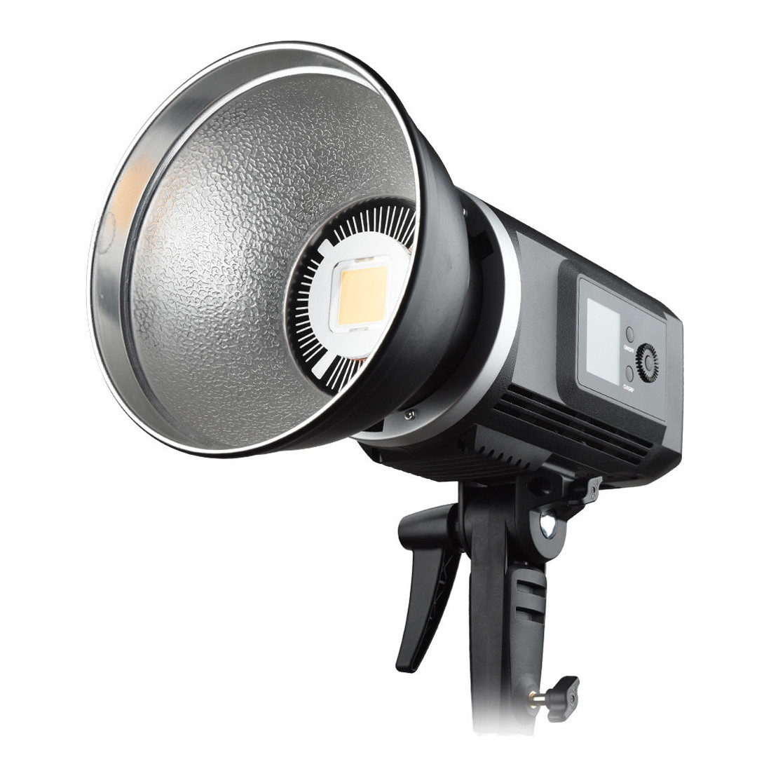 The Godox SLB 60Y LED light is a strobe light for studio photography with a large reflective silver plate, digital display and adjustable mounting bracket, shown in white.
