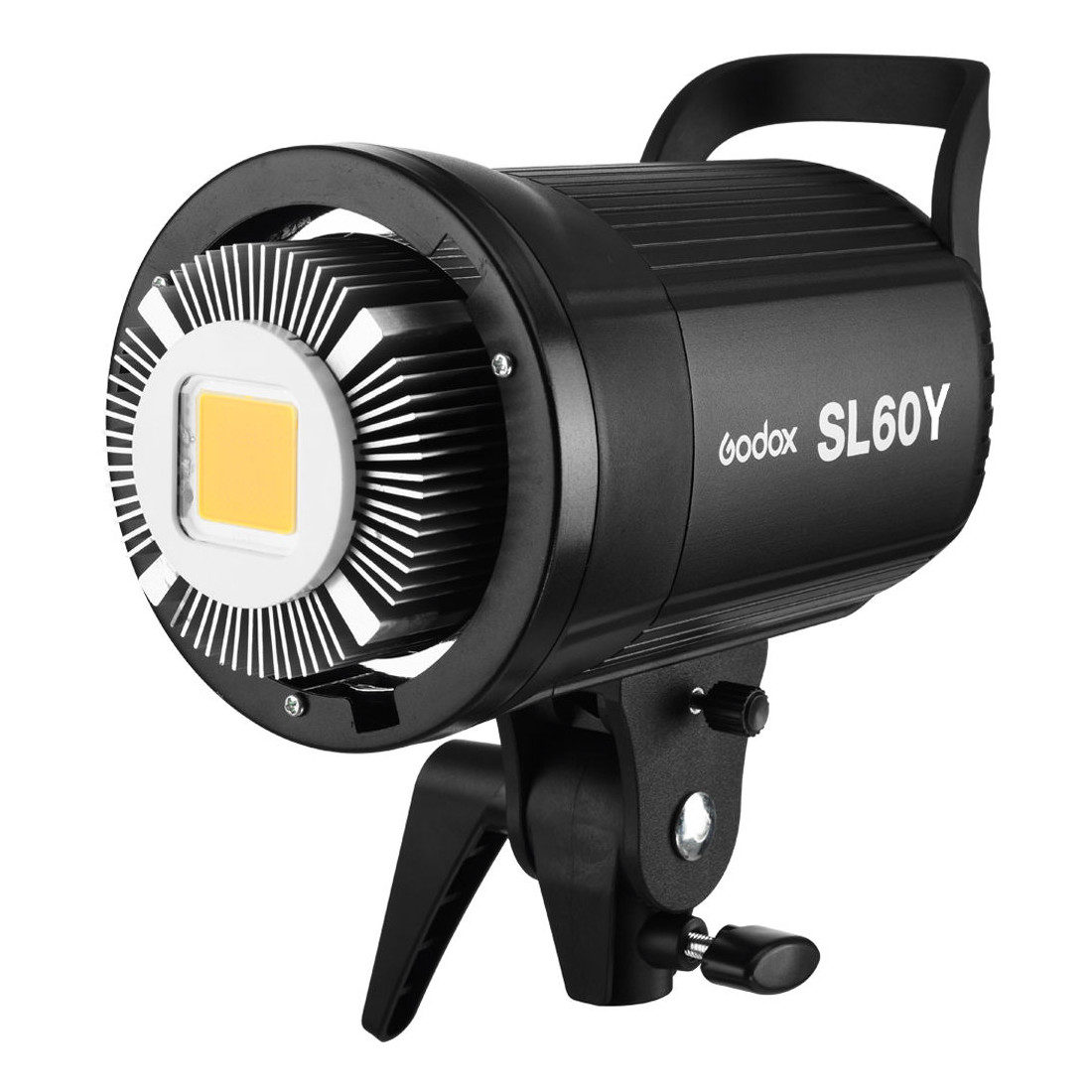 The Godox SL60Y LED light is a black video light with a large yellow LED panel, heat sinks at the front and an adjustable mounting bracket underneath.