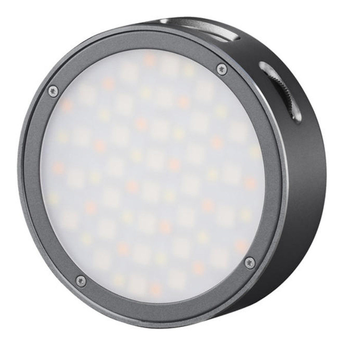 Godox R1 Mobile RGB LED -valaisin - Harmaa on pyöreä, musta LED-videovalaisin, jossa on himmeä etukansi ja useita pieniä lamppuja, jotka on sijoitettu ristikkokuvioon diffuusorin taakse.