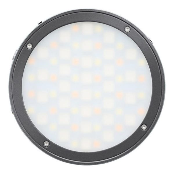 Godox R1 Mobile RGB LED -valaisin - Harmaa sisältää pyöreän, himmeän paneelin mustassa kehyksessä, jossa on neljä näkyvää ruuvia, ylhäältä päin kuvattuna valkoisella pohjalla.