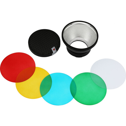 Godox AD-R14 Standard Reflector and color gels set for AD300Pro sisältää hunajakennoruudukon, hopeanvärisen heijastimen ja viisi värillistä geeliä (punainen, keltainen, sininen, vihreä, valkoinen), jotka kaikki näkyvät rivissä valkoisella pohjalla.