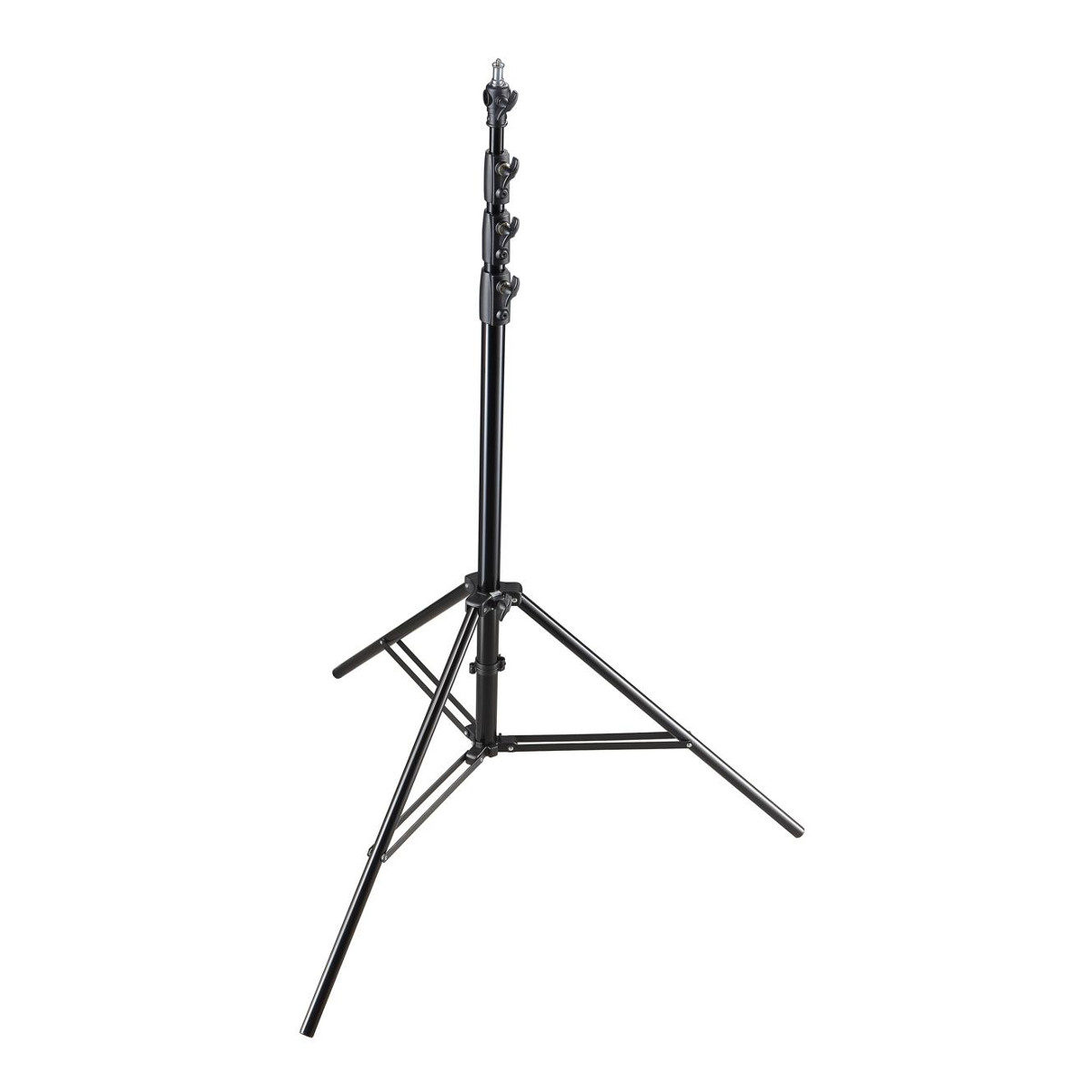 Godox 380F Heavy Duty Light Stand on musta, säädettävä kolmijalkainen jalusta, jossa on neljä osiota ja kolme pidennettyä jalkaa ja joka sopii erinomaisesti studiovalojen tai valokuvauslaitteiden tukemiseen.
