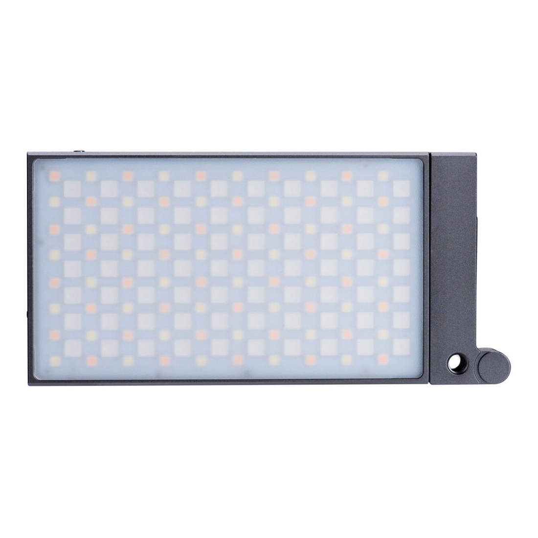 Godox M1 Mobile RGB LED-valaisin - Harmaa sisältää suorakulmaisen paneelin, jossa on LED-verkko ja joka on sijoitettu harmaaseen kehykseen, jossa on pyöreä painike ja kiinnitysreikä oikealla puolella.