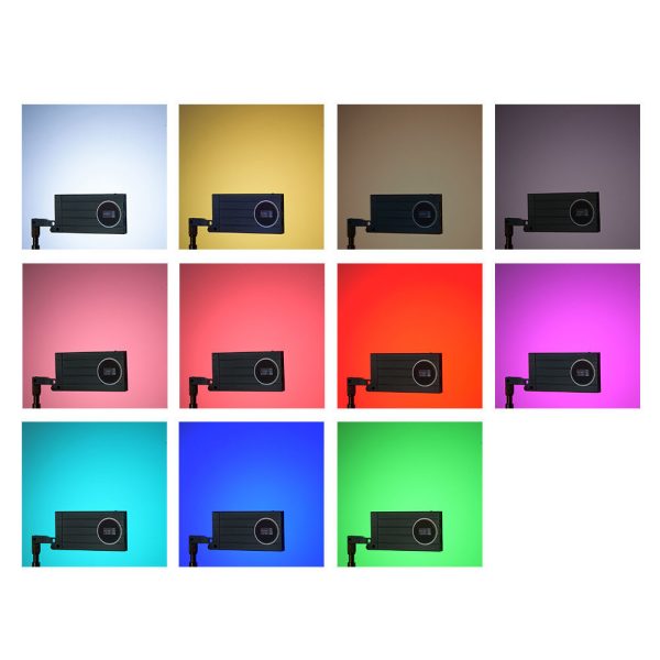 Kahdentoista kuvan ruudukko näyttää Godox M1 Mobile RGB LED -valaisimen - Harmaa, joka on kiinnitetty seinään ja valaa eri värisiä taustoja: vaaleansininen, meripihkainen, ruskea, violetti, vaaleanpunainen, punainen, magenta, tiilenpunainen, sininen, syaani, vihreä ja kelta-vihreä.