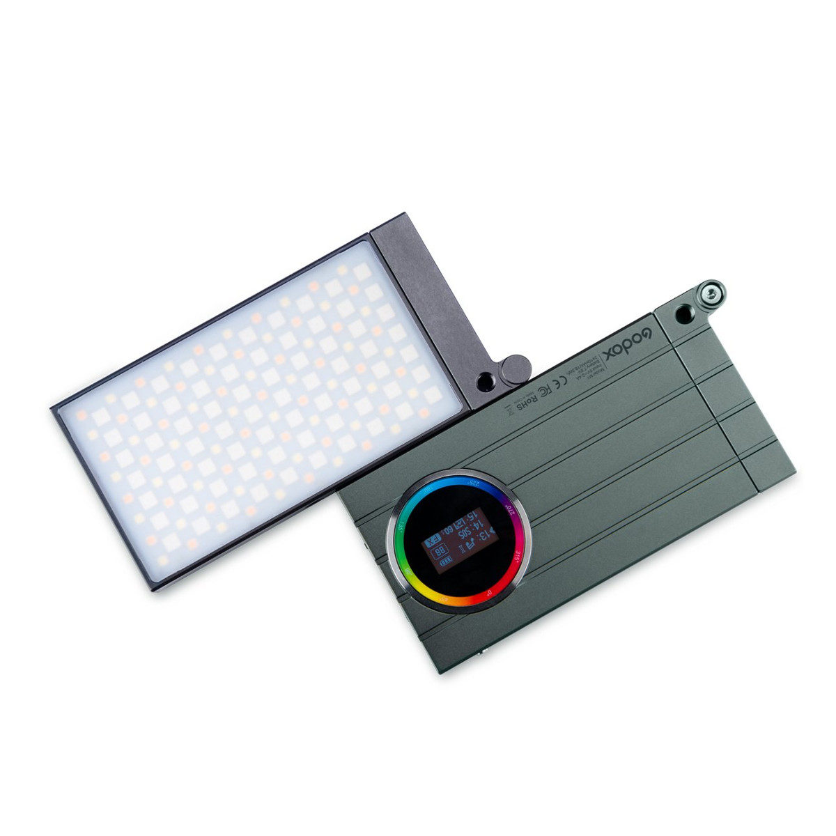 Godox M1 Mobile RGB RGB LED -valaisimessa - Vihreä on suorakulmainen LED-paneeli, joka on yhdistetty kompaktiin ohjausyksikköön, jossa on pyöreä RGB-värirengas ja pieni näyttö.