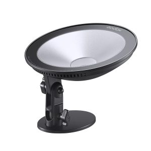 Mustan ja hopeanvärinen Godox CL10 Ambient LED -valaisin, jossa on kaareva, pyöreä muotoilu, on asennettu säädettävään jalustaan valkoista taustaa vasten.