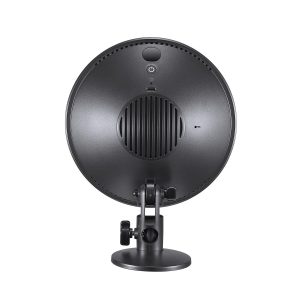 Godox CL10 Ambient LED Light -valaisimen, pyöreän mustan pöytälaitteen takakuva jalustalla, jossa näkyy sen pyöreä ritilä, virtanappi ja portit valkoista taustaa vasten kuvattuna.