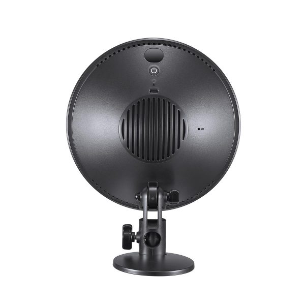 Godox CL10 Ambient LED Light -valaisimen, pyöreän mustan pöytälaitteen takakuva jalustalla, jossa näkyy sen pyöreä ritilä, virtanappi ja portit valkoista taustaa vasten kuvattuna.