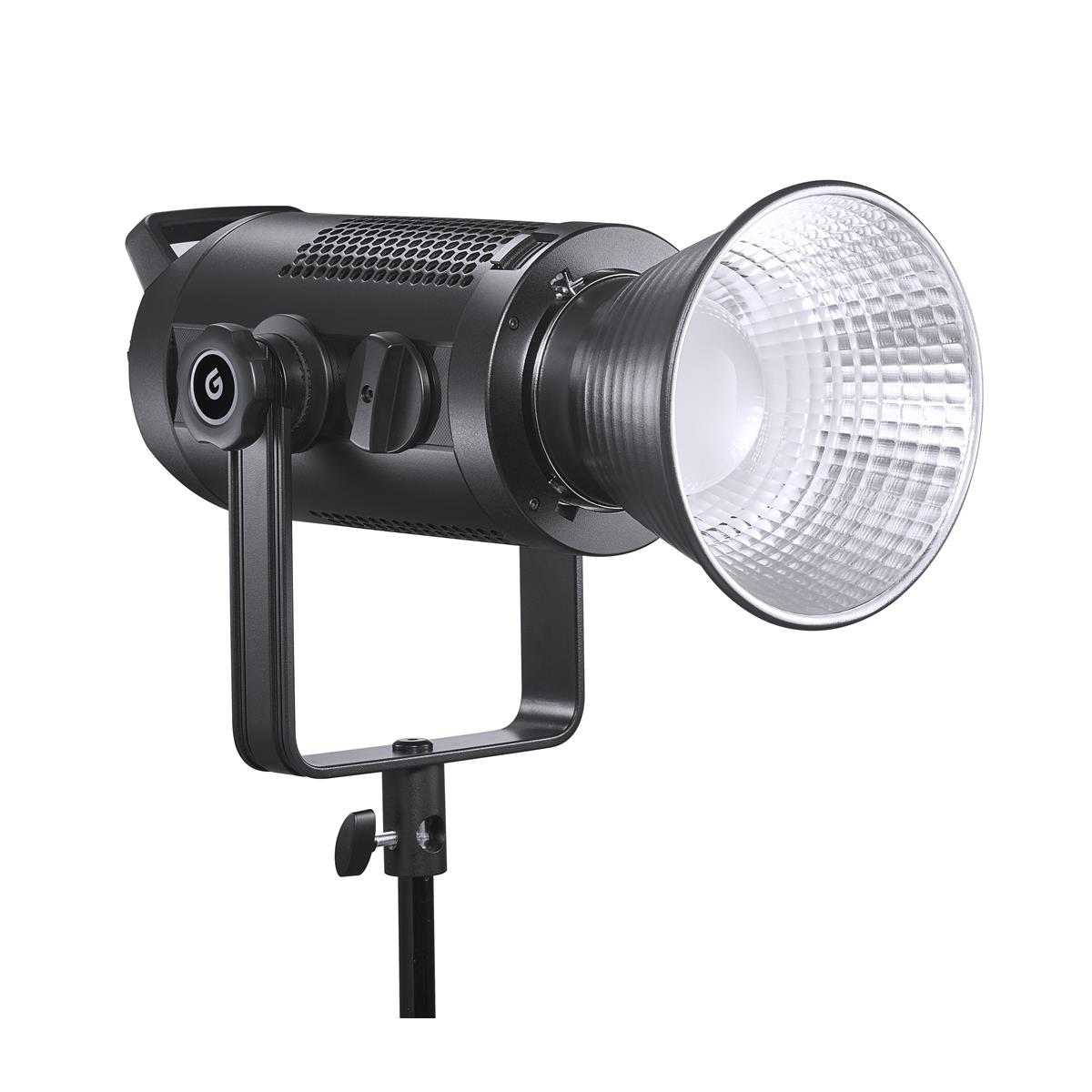 Godox SZ200Bi zooming two-colour LED video light with large silver reflector, mounted on a stand and tilted slightly to the left, against a white background.