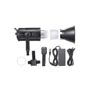 Godox SZ200Bi Zoomable Bi Color LED Video Light -valaisin on esitetty purettuna hupun, diffuusorin, kahvan, virtalähteen, johdon, salamalaukaisimen, hihnan ja kiinnitysrenkaan kanssa valkoisella pohjalla.
