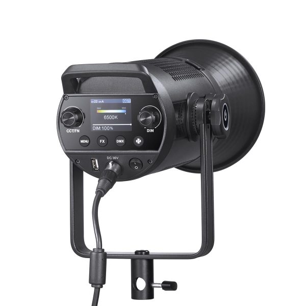 Godox SZ200Bi Zoomable Bi Color LED Video Light -valaisimessa on digitaalinen näyttö, ohjauspainikkeet, nupit ja tuloliitännät takapaneelissa sekä säädettävä jalustakiinnike. Näytössä näkyvät värilämpötila- ja himmennystasoasetukset.