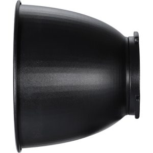 Godox Reflector Disc Video Light ML60 RFT-22 on musta metallinen heijastinkaukalo, jossa on leveä, levenevä aukko ja kapeampi kiinnityspää, kuvattuna sivulta valkoista taustaa vasten.
