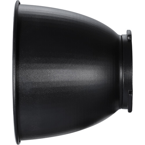 Godox Reflector Disc Video Light ML60 RFT-22 on musta metallinen heijastinkaukalo, jossa on leveä, levenevä aukko ja kapeampi kiinnityspää, kuvattuna sivulta valkoista taustaa vasten.