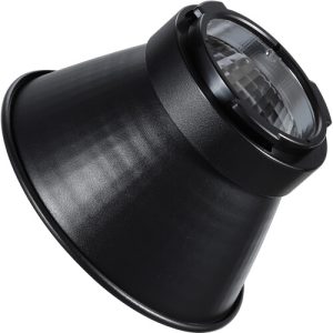 Godox Focus Reflector Disc Video Light ML60 RFT-23 on musta, kartiomainen heijastin, jossa on hopeinen sisäpuoli ja kiinnitysominaisuus, kuvassa hieman sivukulmasta.