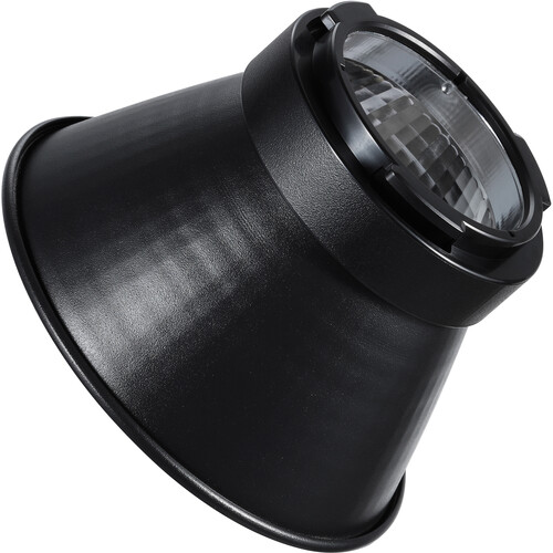 Godox Focus Reflector Disc Video Light ML60 RFT-23 on musta, kartiomainen heijastin, jossa on hopeinen sisäpuoli ja kiinnitysominaisuus, kuvassa hieman sivukulmasta.