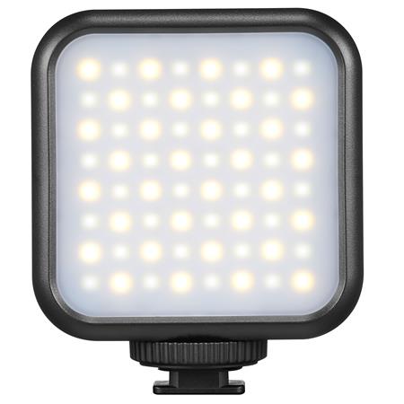 Godox Litemons LED Light (Bi Color) LED6Bi on kompakti, neliönmuotoinen LED-paneeli mustalla kehyksellä, jossa on rivejä valkoisia ja keltaisia LED-valoja ja kiinnityskannatin pohjassa.