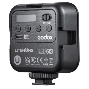 Close-up of the back of the Godox Litemons LED Light(RGB) LED6R with control buttons, small display, USB-C port, certification labels and black plastic exterior.