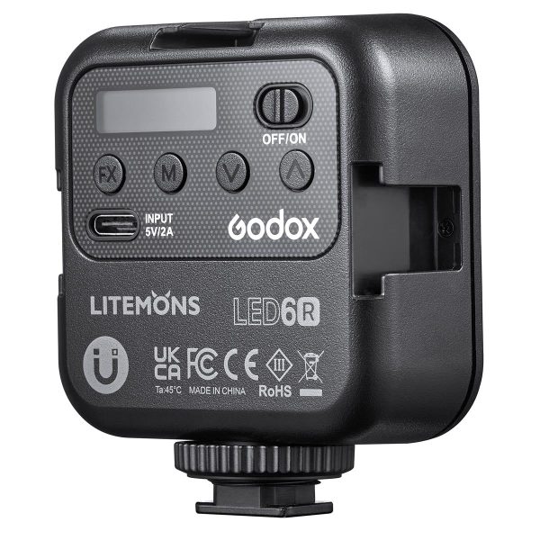 Close-up of the back of the Godox Litemons LED Light(RGB) LED6R with control buttons, small display, USB-C port, certification labels and black plastic exterior.