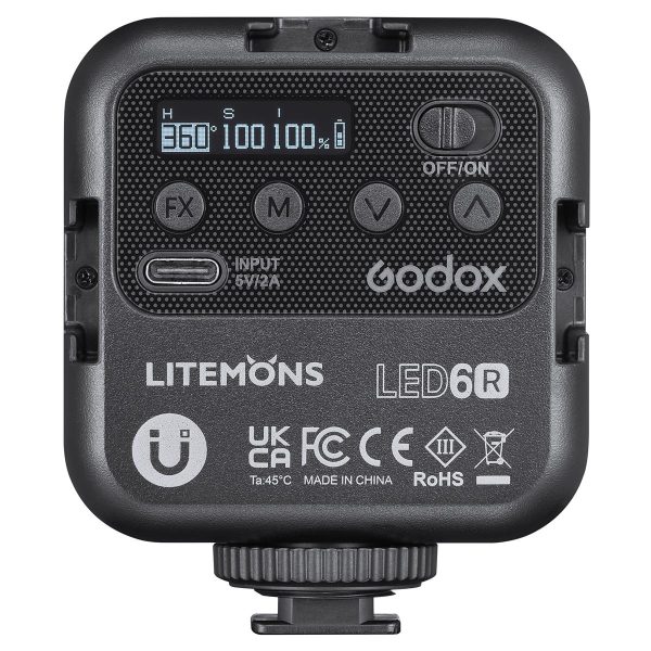 Close-up of the back of the Godox Litemons LED Light (RGB) LED6R with display, control buttons, USB-C interface and certification labels. The display shows a 360° HSI mode with both brightness and saturation set to 100%.