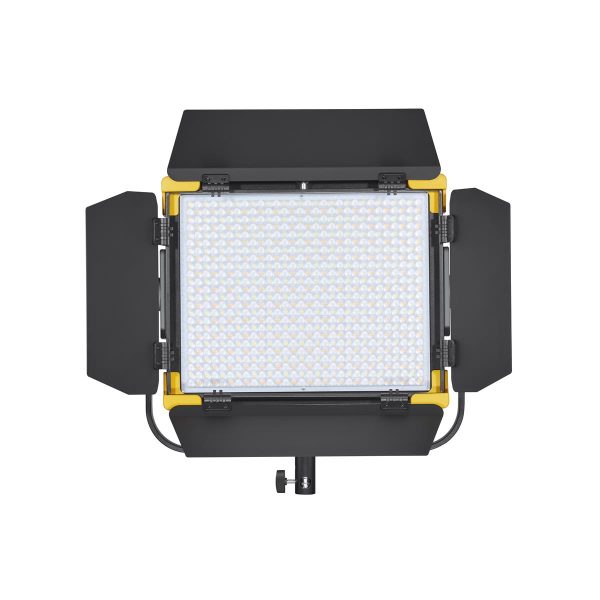 Godox LED LD75R on suorakulmainen studiovalaisin, jossa on keltainen runko ja mustat säädettävät lato-ovet kummallakin puolella, kuvassa edestä valkoista taustaa vasten.