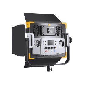 Godox LED LD75R on ammattikäyttöön tarkoitettu studiovalopaneeli, jossa on lato-ovet ja ohjauskäyttöliittymä, kuvattuna takaa valkoisella pohjalla.