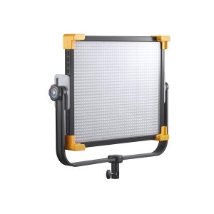 Godox LED LD150RS, suorakulmainen paneelivalaisin, jossa on musta runko, keltaiset kulmasuojat ja U-muotoinen kiinnike, näkyy valkoista taustaa vasten.