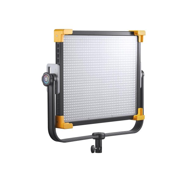 Godox LED LD150RS, suorakulmainen paneelivalaisin, jossa on musta runko, keltaiset kulmasuojat ja U-muotoinen kiinnike, näkyy valkoista taustaa vasten.