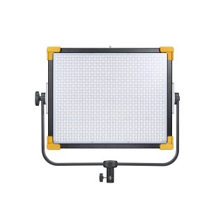 Godox LED LD150RS on suorakulmainen LED-paneelivalaisin, jossa on musta runko, keltaiset kulmasuojat ja kiinnitysteline valkoisella pohjalla.