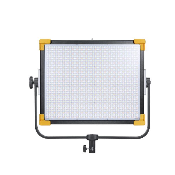Godox LED LD150RS on suorakulmainen LED-paneelivalaisin, jossa on musta runko, keltaiset kulmasuojat ja kiinnitysteline valkoisella pohjalla.