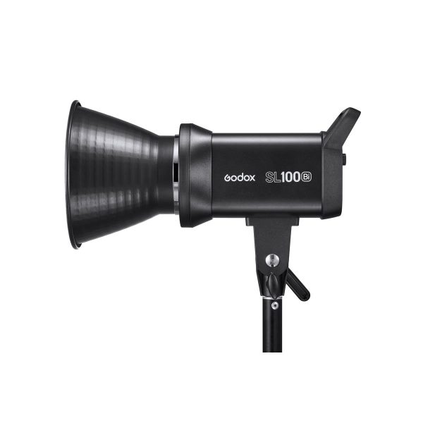 The black Godox LED SL100Bi Bi-Color is mounted on a stand and is visible in the side profile against a white background.